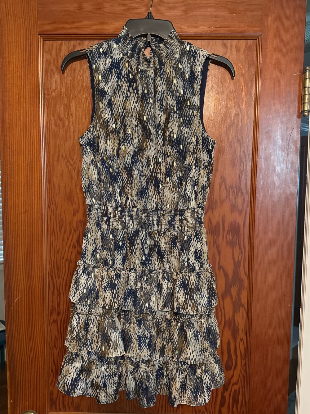 MSK Navy and Cream Sleeveless Tiered Ruffle Dress with gold foil dots.